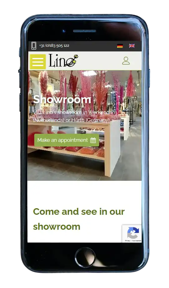 Mockup van de pagina 'Showroom' van de webshop van Lino op een iPhone SE.