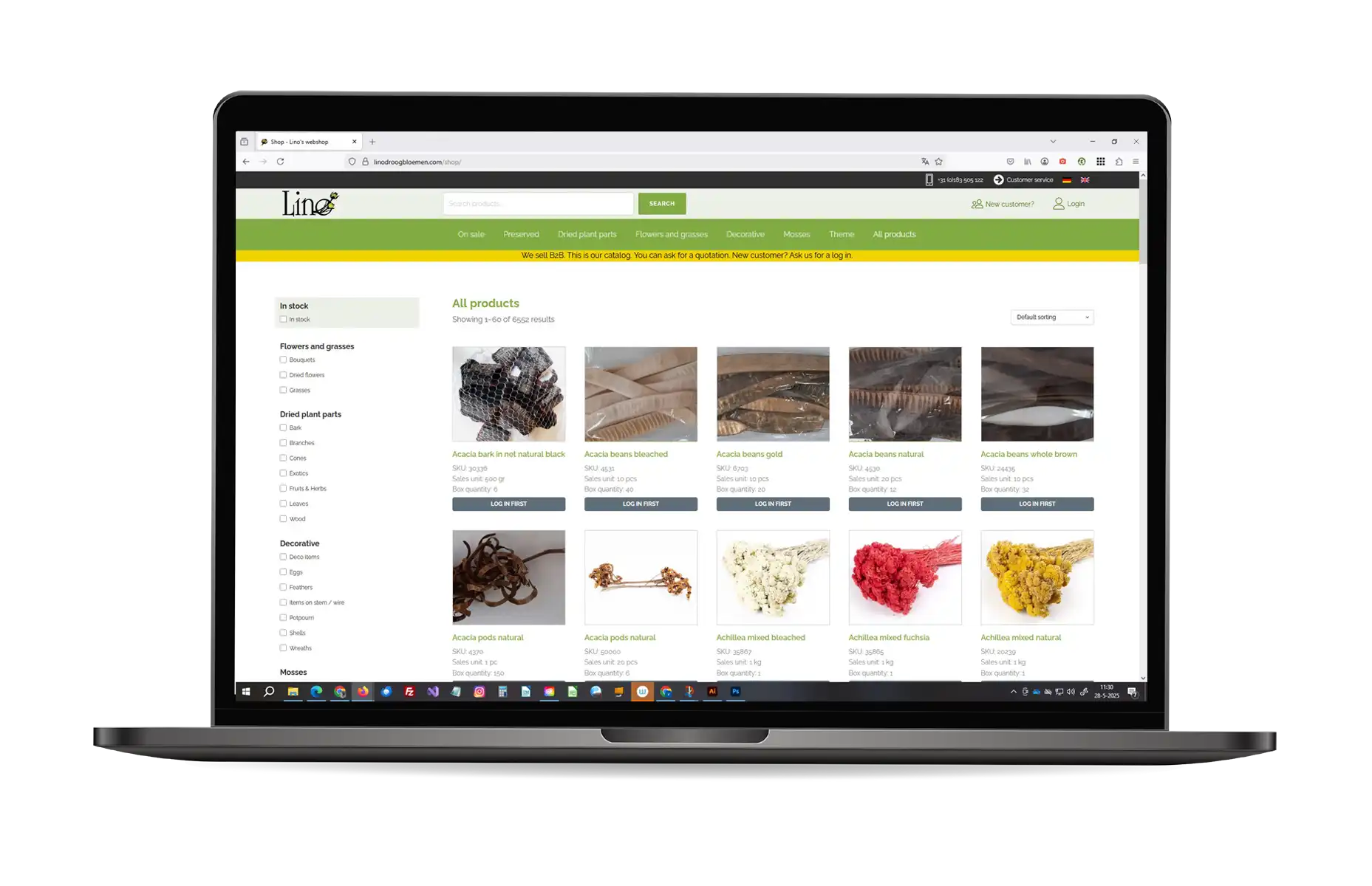Webshop van Lino bv met bijna 7000 artikelen, in het Engels en Duits uitgevoerd en met integratie met SAP B1